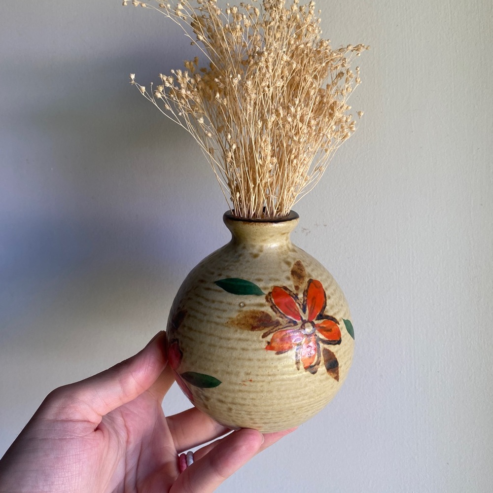 Vintage Ceramic Bud Vase Handpainted Floral Design Fall Flowers Orange Autumn